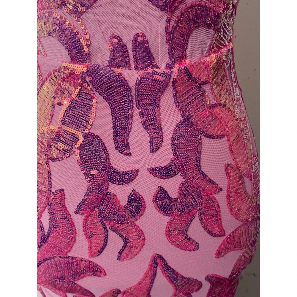 Lulus Women Pink Sequin Mermaid Maxi Dress XS‎ Formal Evening Gown Adjustable